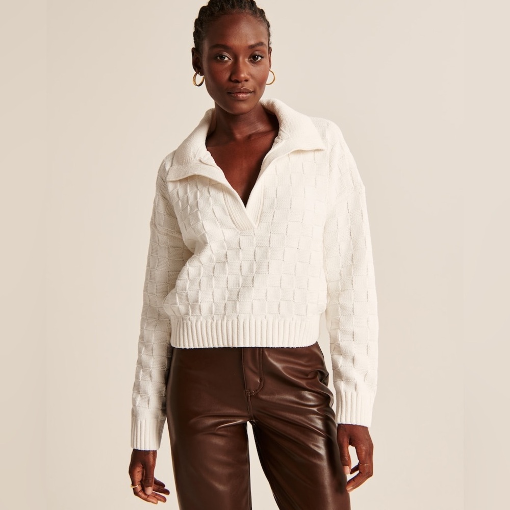Checkerboard Stitch Notch-Neck Sweater